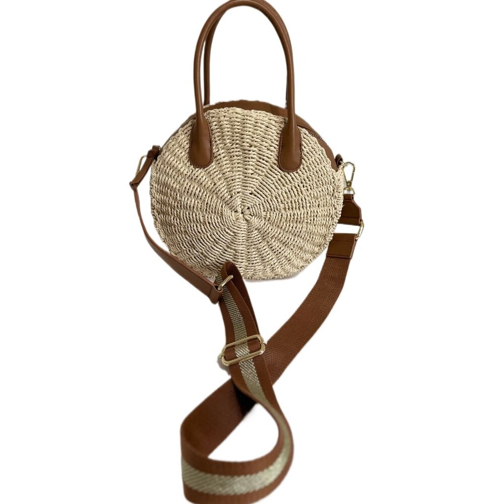 Talbots Straw Round Bag | Paper Straw & Leather | Crossbody/Handbag - Picture 8 of 16